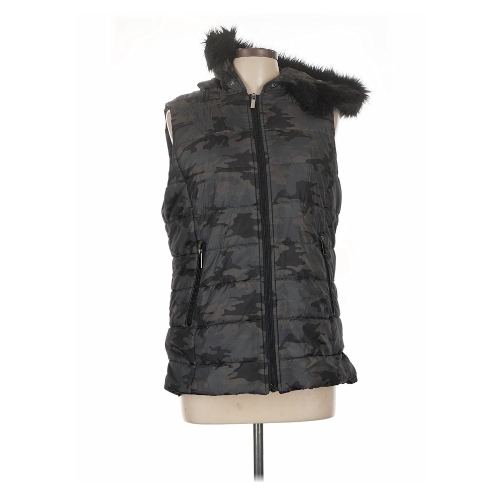 Bagatelle Puffer Vest Womens Large Camo Grey Excellent Faux Fur Hooded Zip Up